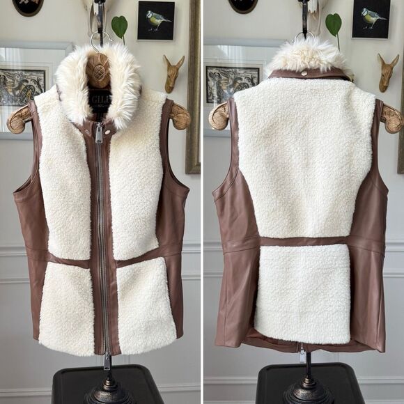 G.I.L.I. Women’s Winter Vest Double Slide Zipper Faux Sherpa Fur White Brown M 1